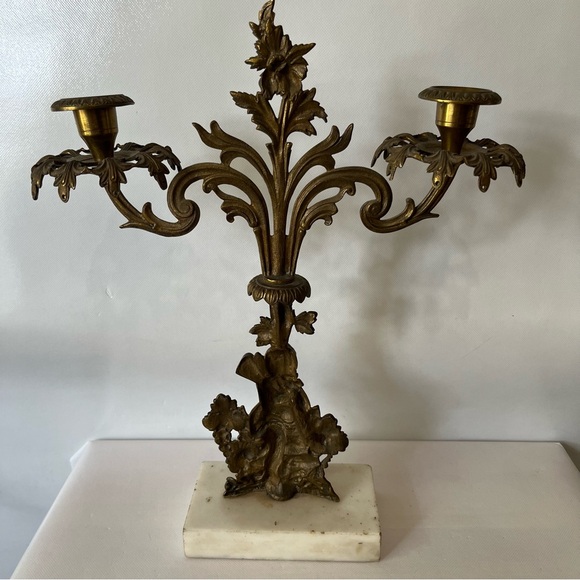 Antique Brass Cherub Baby Candelabra Marble Base Victorian - Picture 5 of 10